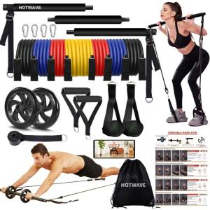 imageHOTWAVE Pilates Bar Kit with Resistance BandsAb Roller for Abs Workout Squat MachineCore Strength Training EquipmentPortable Home Gym for Men and Women