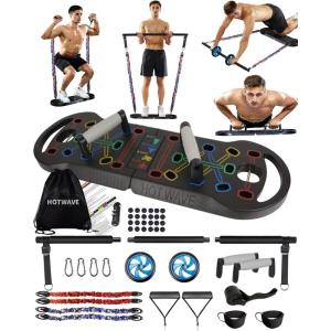 imageHOTWAVE Portable Exercise Equipment with 16 Gym Accessories20 in 1 Push Up Board FitnessResistance Bands with Ab Roller Wheelat Home Workout for MenPro Kit