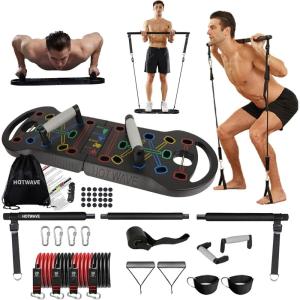 imageHOTWAVE Portable Exercise Equipment with 16 Gym Accessories20 in 1 Push Up Board FitnessResistance Bands with Ab Roller Wheelat Home Workout for MenRevolution Kit